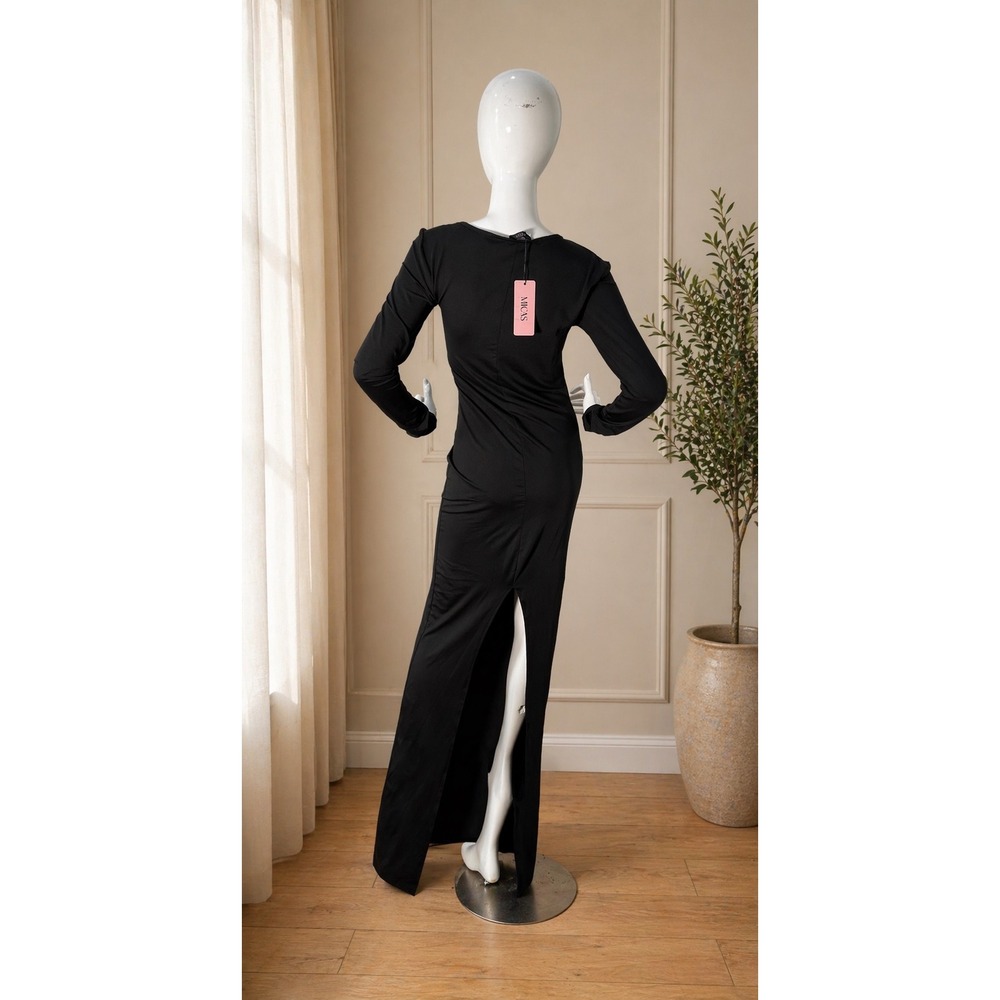 Micas‎ Black Asymmetrical Neck Maxi Dress with Slit Elegant Bodycon Party Dress - Picture 8 of 8